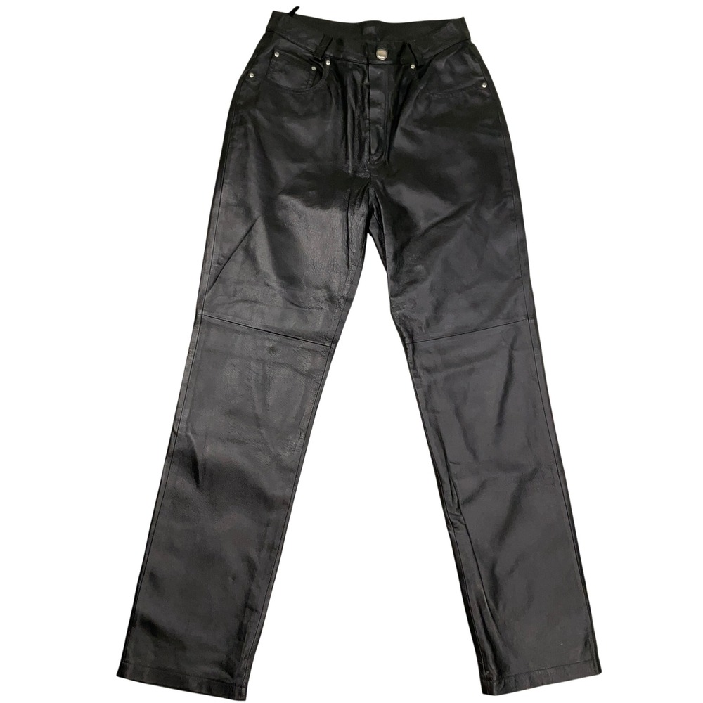Newport News Leather Pants Women 8 Black Straight Leg High Rise Moto Goth Biker